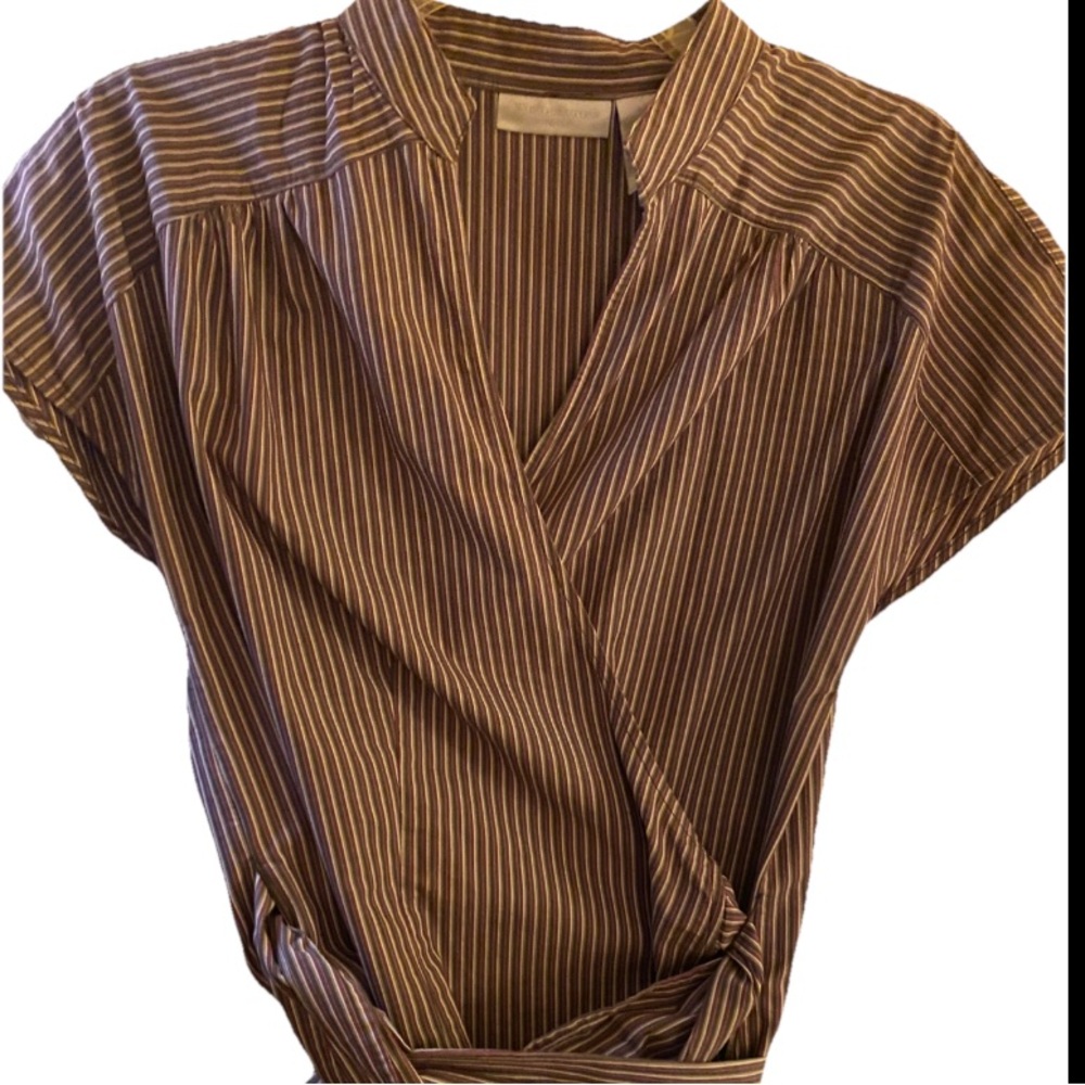 Women's Striped Short Sleeve V-Neck Wrap Blouse Workwear Office Top,Size Large L